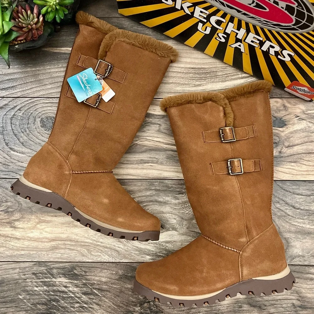 NIB Skechers Grand Jams Snowdrop Mid Calf Winter Boots Chestnut Suede - Picture 1 of 12